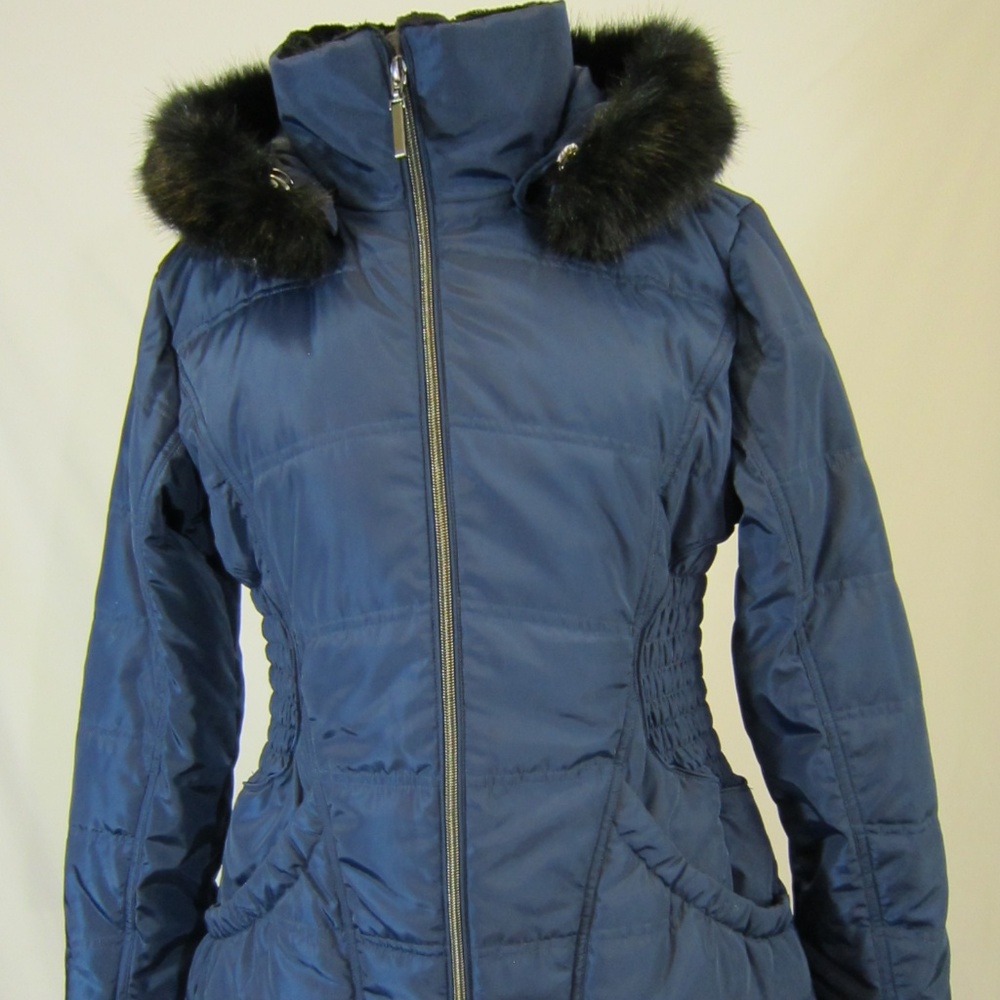 NWT Dk Blue Neyelle Quilt Jacket w/Blk Fur at Hood